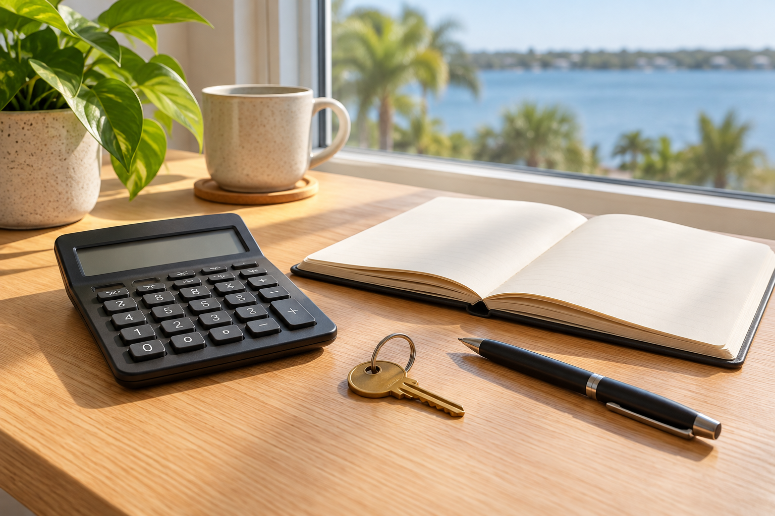 Illustrative photo of a house key, calculator and blank notebook on a sunlit desk.