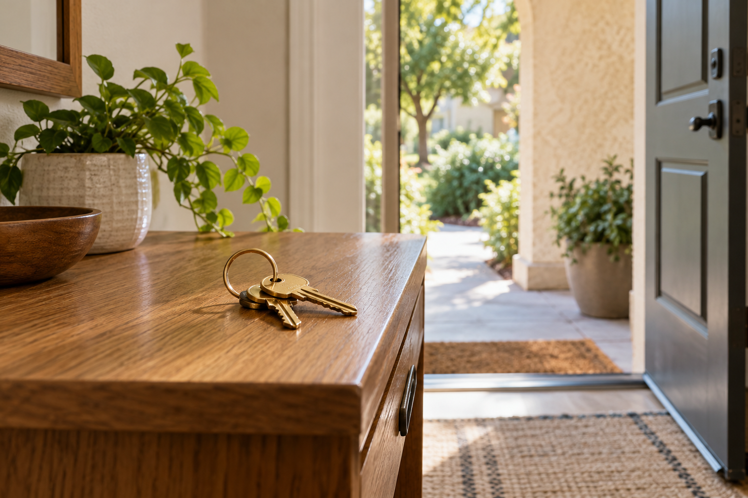 Illustrative photo of house keys on a wooden console beside an open front door.