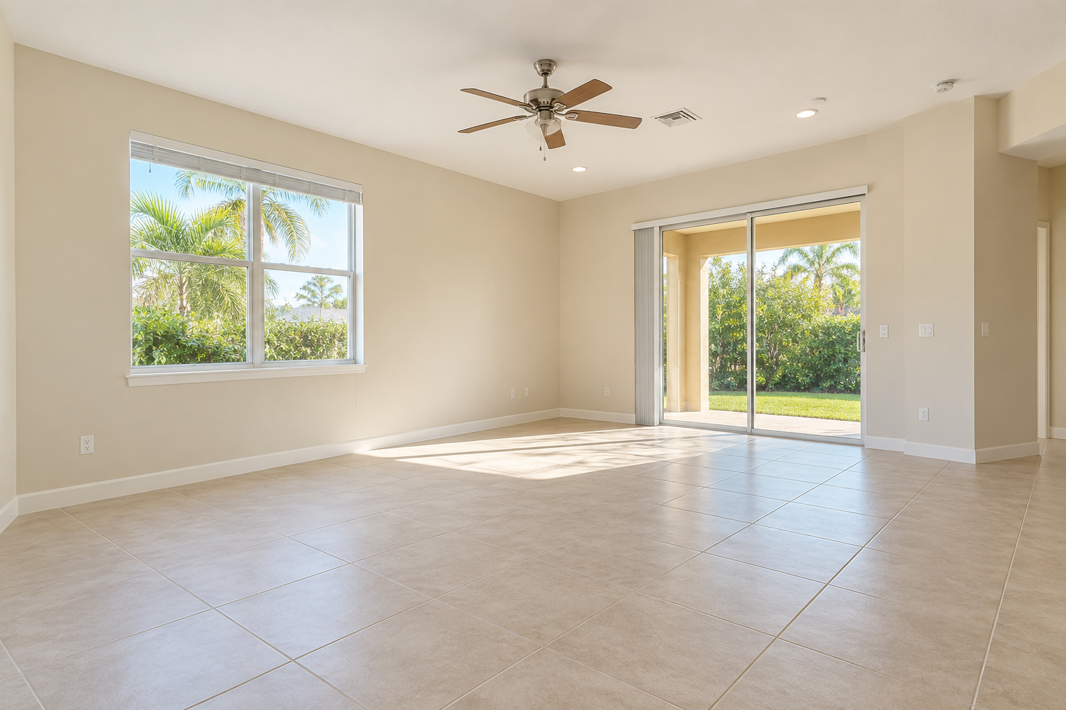 Illustrative photo of an empty living room with tile flooring, a window and sliding patio doors.